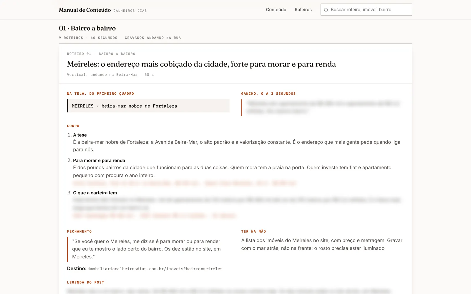 Manual de conteúdo da Calheiros Dias: roteiro de vídeo com gancho, corpo e fechamento